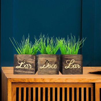 Trio de Vasinhos com Planta Artificial - Frase Espelhada Lar Doce Lar Dourada.