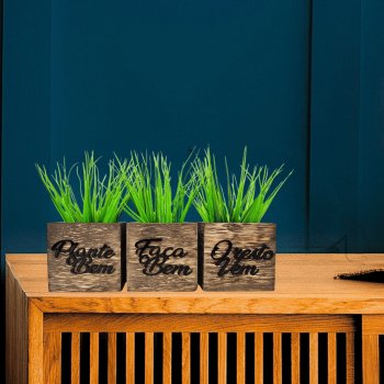 Trio de Vasinhos com Planta Artificial - Frase Motivacional - Plante o Bem, Faça o Bem, o Resto Vem - Preto