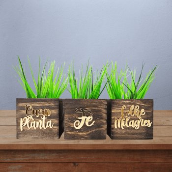 Trio de Vasinhos com Planta Artificial - Frase Motivacional Espelhada - Quem Planta Fé, Colhe Milagres - Dourado