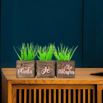 Trio de Vasinhos com Planta Artificial - Frase Motivacional Espelhada - Quem Planta Fé, Colhe Milagres - Rose Gold