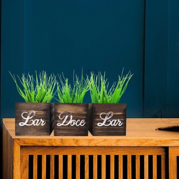 Trio de Vasinhos com Planta Artificial - Frase  Lar do Doce Lar Preto