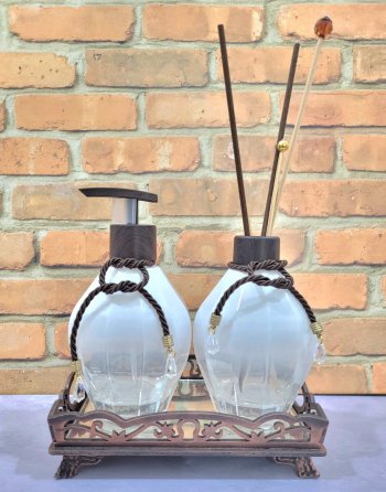 Kit Lavabo - Saboneteira e Difusor Decorado - Branco Degradê