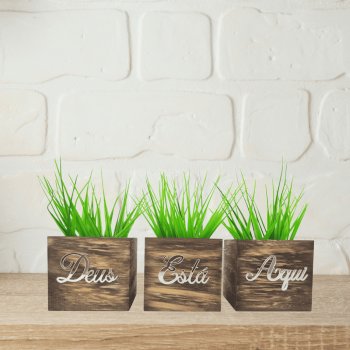 Trio de Vasinhos com Planta Artificial - Frase Espelhada Deus Está Aqui - Prata