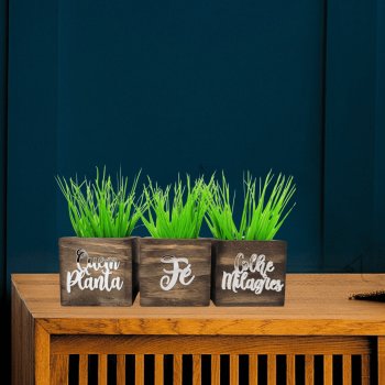 Trio de Vasinhos com Planta Artificial - Frase Motivacional Espelhada - Quem Planta Fé, Colhe Milagres - Prata